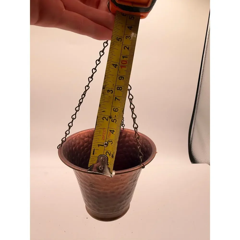 Vintage Small Hammered Solid Copper Hanging Planter Pot with Chain - (4
